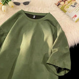 Riolio Summer Short Sleeve T-shirt Men Fashion Retro Suede T Shirt Men Streetwear Hip Hop Loose Round Neck Solid Color Tshirt Mens Top