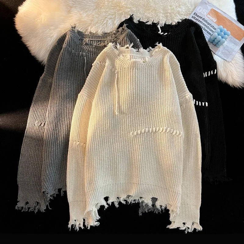 Riolio Vintage Hole Tassels Sweater Men Women Autumn Long Sleeves Kint Tops Fashion Loose Knitted Pullover Couples Unisex Streetwear