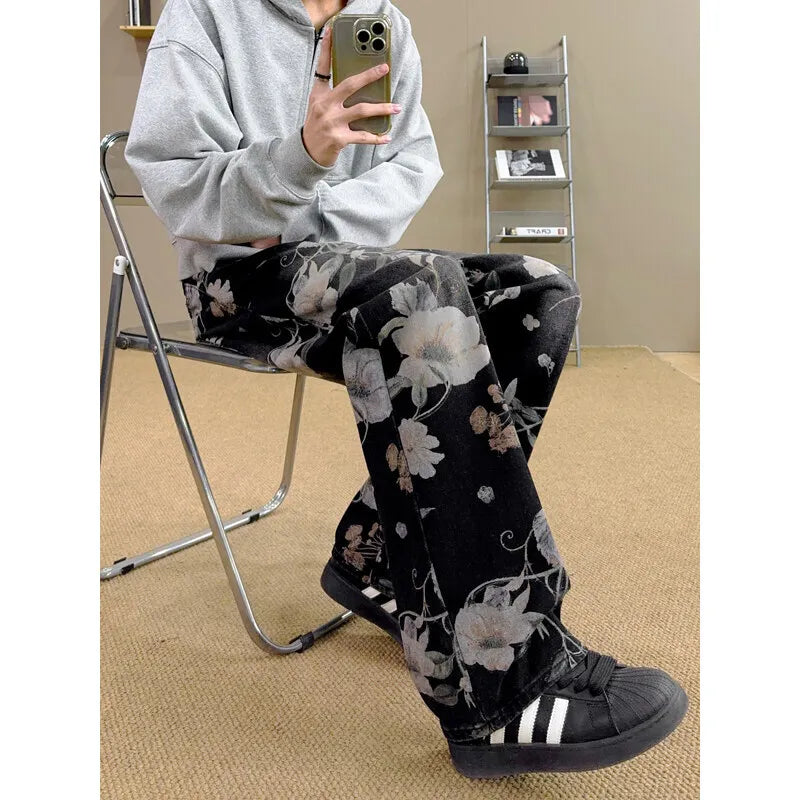 Riolio Flower Jeans Men Fashion Retro Printed Jeans Men Streetwear Hip-hop Loose Straight Jeans Men Baggy Vintage Denim Trousers