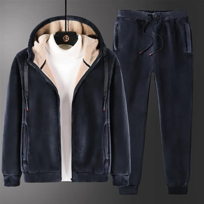Riolio Men Winter Fashion Plus Size Casual Hoodies+Pants Set Hooded Clothes 2023 Thick Sportswear Warm Fleece Tracksuit Mens Warm Sets