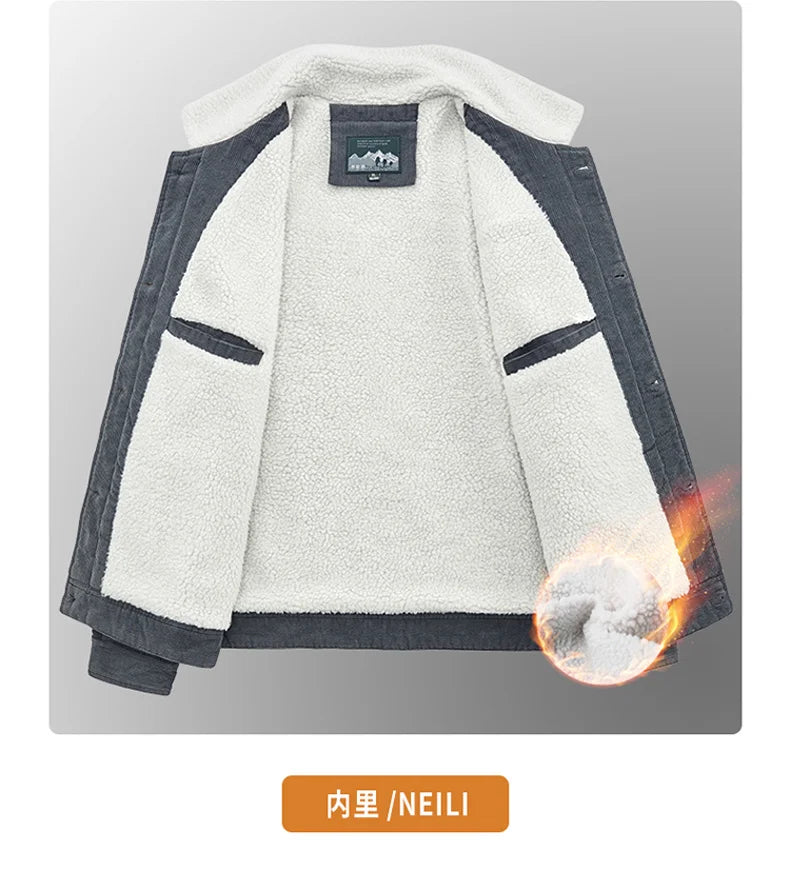 Riolio Winter Mens Jacket Warm Corduroy Jackets and Coats Fur Collar Winter Casual Coats Outwear Male Thermal Cotton Jacket Streetwear