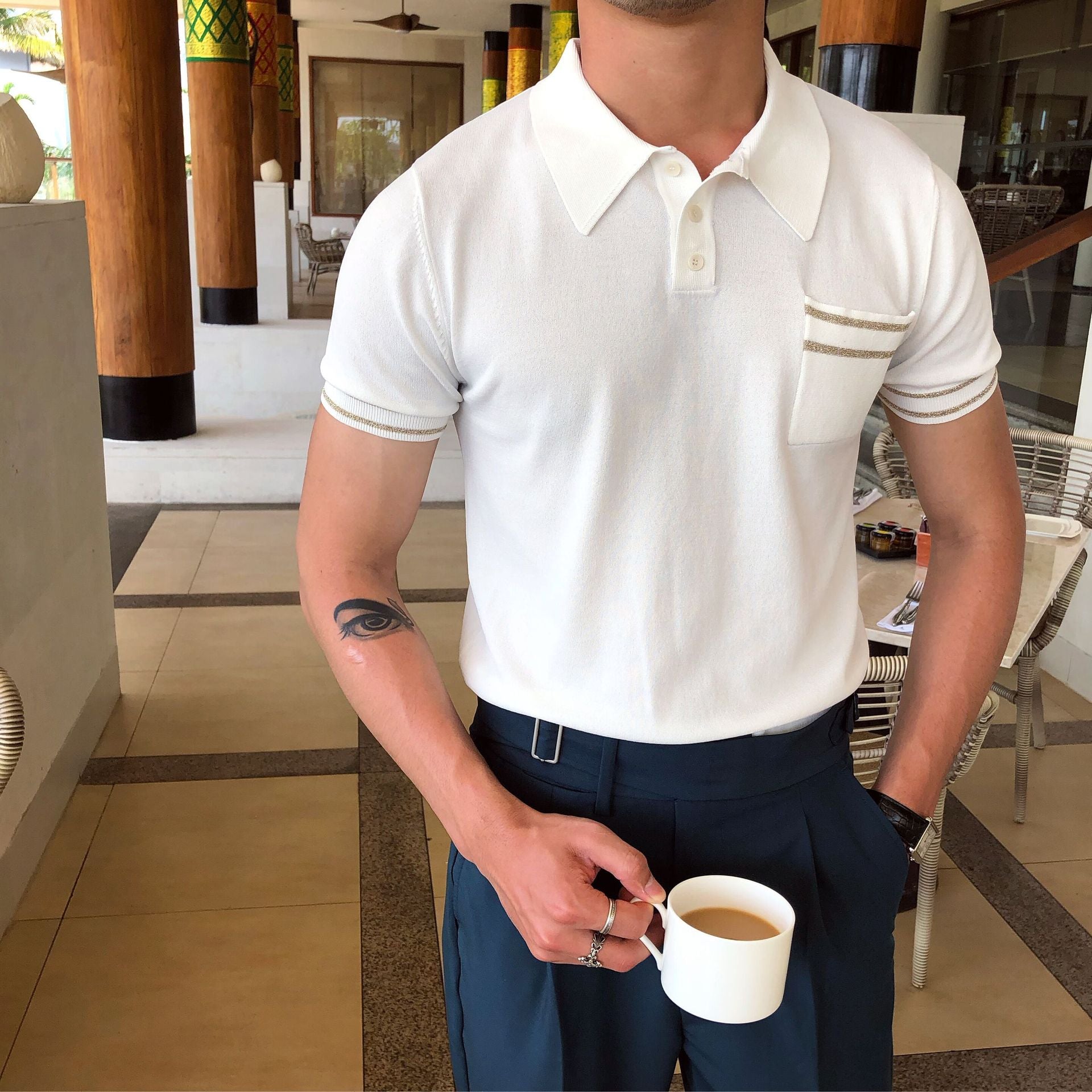 Riolio Spring Summer Knit Polo Shirt Men Casual Turn-down Collar Button Fashion Striped Solid Slim Tops Newest Ice Silk Cotton Knitwear