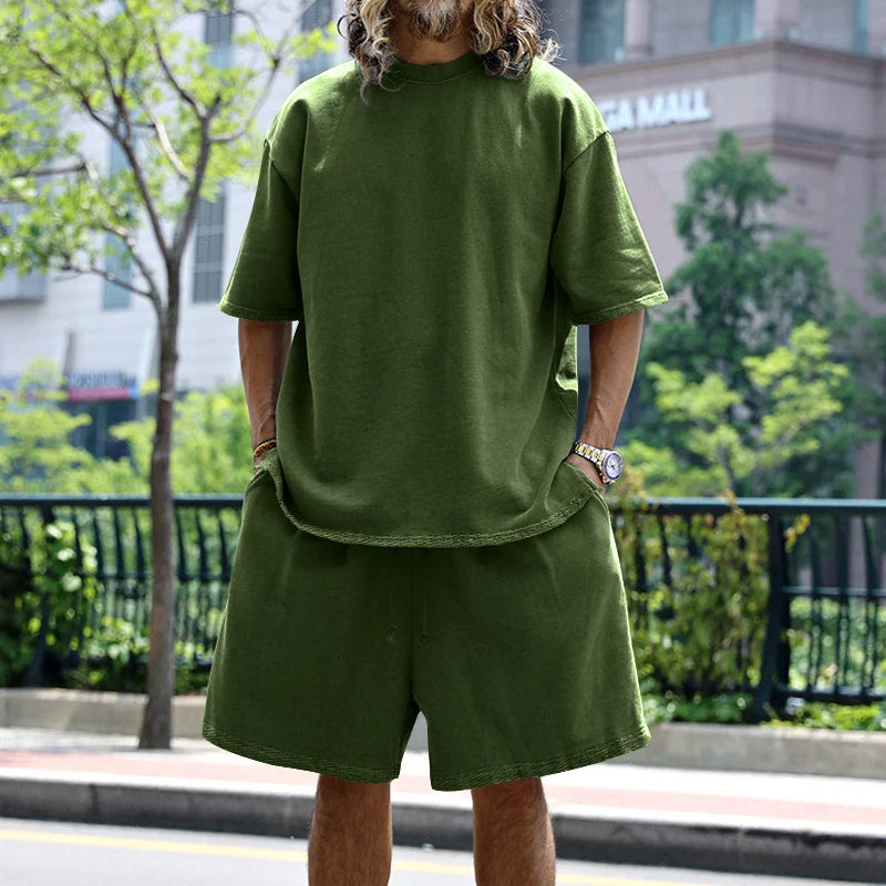 Riolio Summer New Men's Set Japanese Style Plus Size Casual Loose Sports Suit Short Sleeve T-shirt Shorts Two-piece Men's Clothing