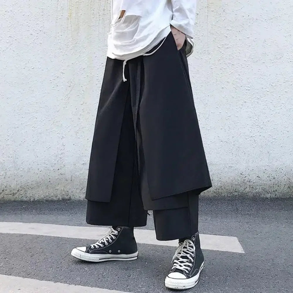 Riolio Fake Two-Piece Pants Men Male New Loose Wide-Leg Trousers Casual Straight Streetwear Spring Autumn Hip-Hop Pantalons Capris