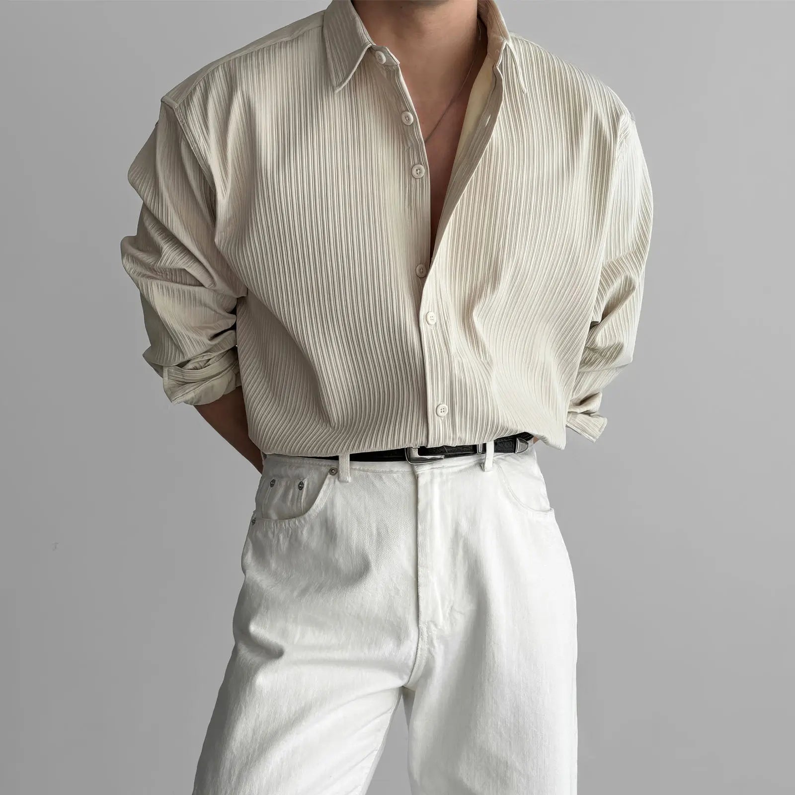 Riolio Lapel Pit Stripe Texture Long Sleeve Shirt Men's Casual Business Shirt High-end Drapery Light Versatile Top Male Blouse