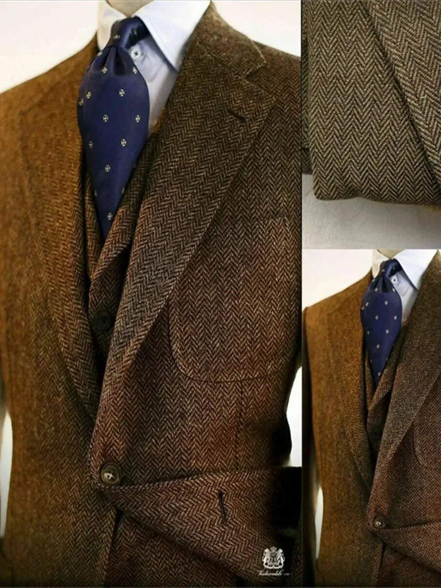 Riolio Regular Brown Mens Suits Slim Fit Herringbone Tweed Wool Blend Check Wedding Tuxedos Classic 3 Pieces Trajes De Hombre Blazer