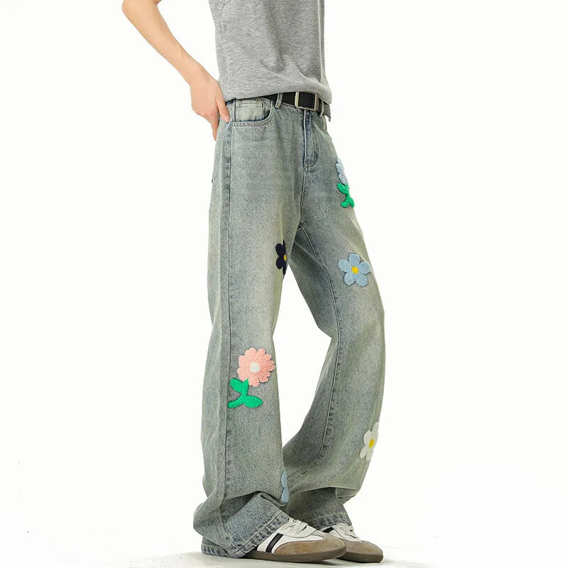 Riolio Blue Jeans Men Fashion Casual Straight Jeans Streetwear Hip-hop Loose Flower Jeans Mens Vintage Denim Pants Man Trousers