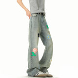 Riolio Blue Jeans Men Fashion Casual Straight Jeans Streetwear Hip-hop Loose Flower Jeans Mens Vintage Denim Pants Man Trousers