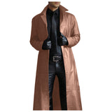 Riolio Trench Men's Leather Coat Vintage British Style Windbreaker Handsome Solid Color Slim-fit Overcoat Long Jacket Plussize Outwear