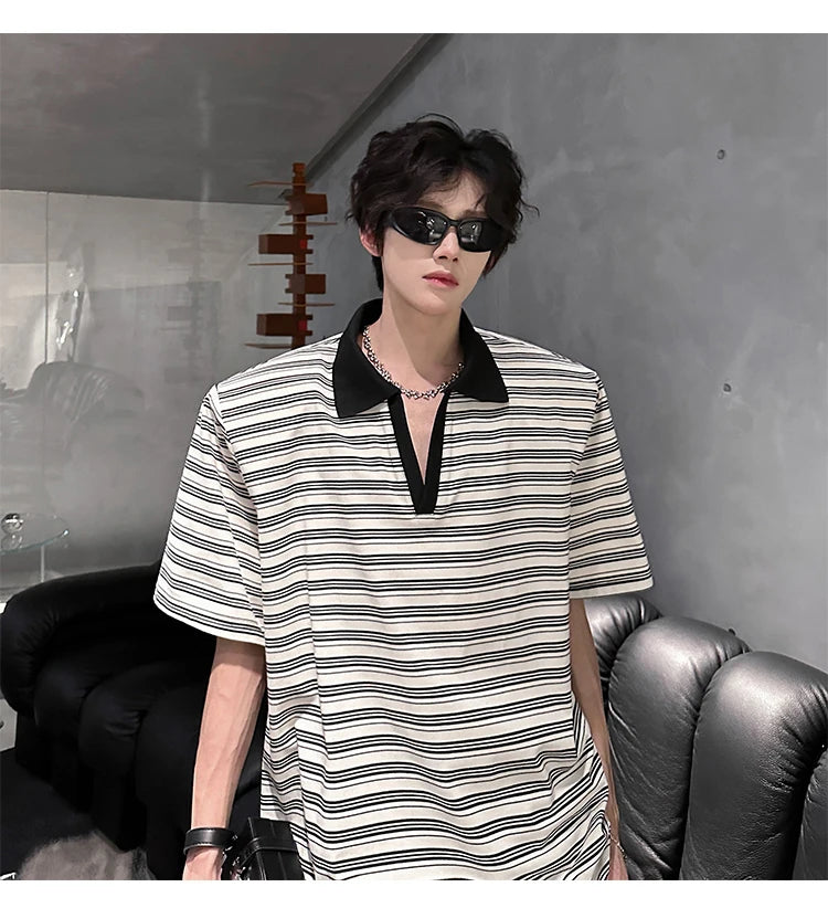 Riolio Men Loose Fit Striped Polo Shirt Casual Fashion Collar T-Shirt man Breathable Streetwear Summer Top Tee Trendy Mens Clothing