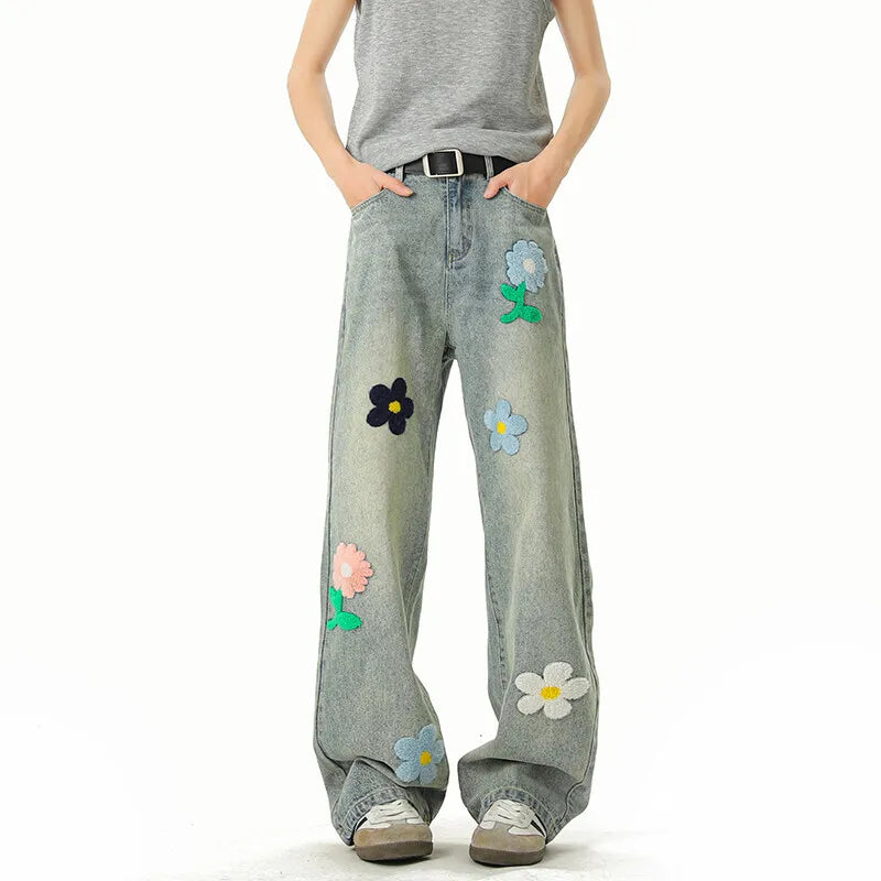 Riolio Blue Jeans Men Fashion Casual Straight Jeans Streetwear Hip-hop Loose Flower Jeans Mens Vintage Denim Pants Man Trousers