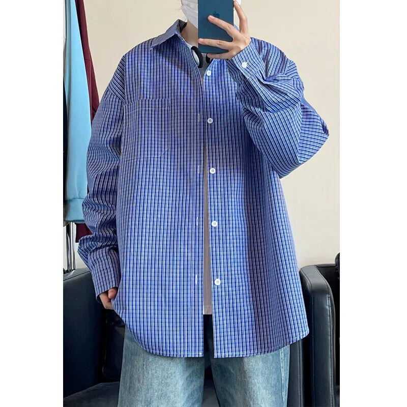 Riolio Long Sleeved Shirt Men Oversized Casual Plaid Shirt Men Streetwear Korean Loose Blue Casual Shirt Mens Shirts Plus Size 5XL