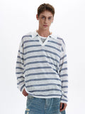 Riolio American Retro Striped Contrasting Color V-neck Long-sleeved Polo Shirt Men Women Loose Casual Bottoming Trendy Tops Aesthetic