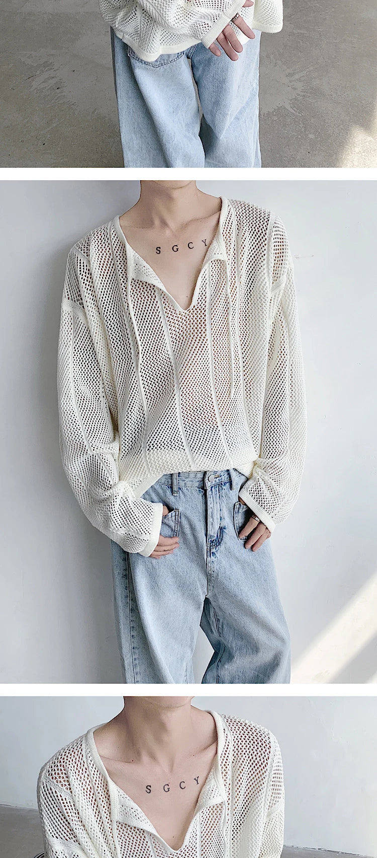 Riolio Rice White Shirts for Men Hollow Out Blouse Men Handsome Fashion Men Clothing Vacation Sexy Mesh Long-sleeved Shirts