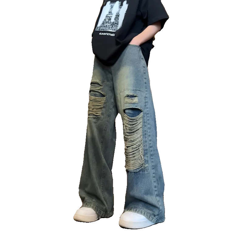 Riolio Beggar jeans men Vintage Streetwear Ripped Hole Jeans Men Women Harajuku Aesthetic Wide Leg Denim Trousers Unisex Straight Pants