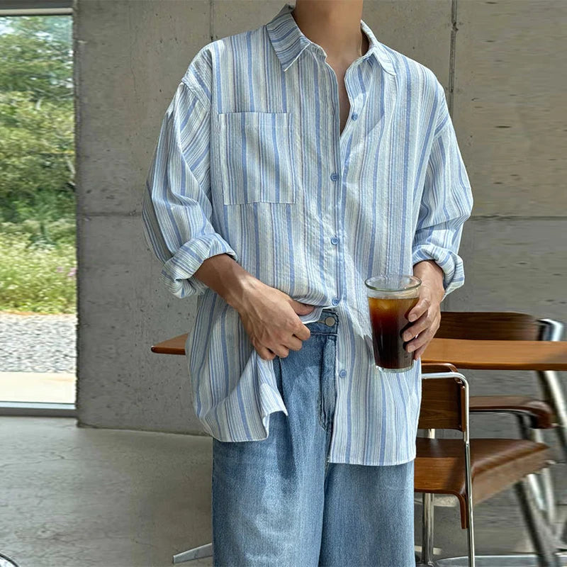 Riolio New Japanese Vintage Men Striped Shirts Luxury Casual Trendy Long Sleeve Cardigan Tops Fashion Leisure Macaron Sunscreen Blouse