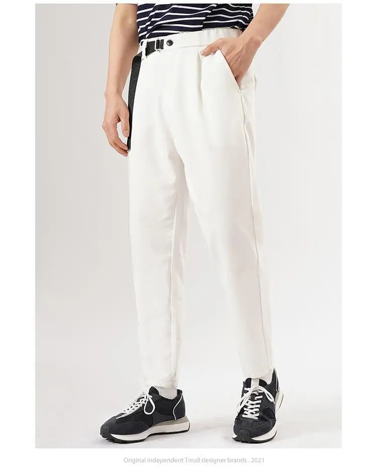 Riolio White Stretch Casual Ankle Pants Silhouette Men's Elegant Suit Pants Summer Korean Straight Loose Men's Smart Casual Trousers