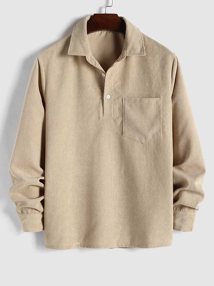 Riolio Shirts for Men Corduroy Long Sleeves Shirt Half Button Solid Blouses Fall Spring Streetwear Overshirts Tops with Pocket