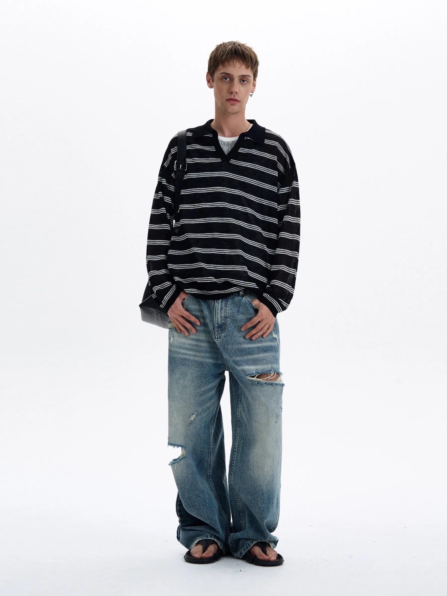 Riolio American Retro Striped Contrasting Color V-neck Long-sleeved Polo Shirt Men Women Loose Casual Bottoming Trendy Tops Aesthetic
