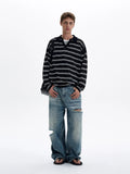 Riolio American Retro Striped Contrasting Color V-neck Long-sleeved Polo Shirt Men Women Loose Casual Bottoming Trendy Tops Aesthetic