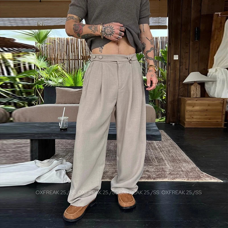 Riolio New Retro Fashion Men Suit Pants Light Luxury Draped Baggy Belt Button-down Solid Color Straight Trousers Elegant Dress Pants