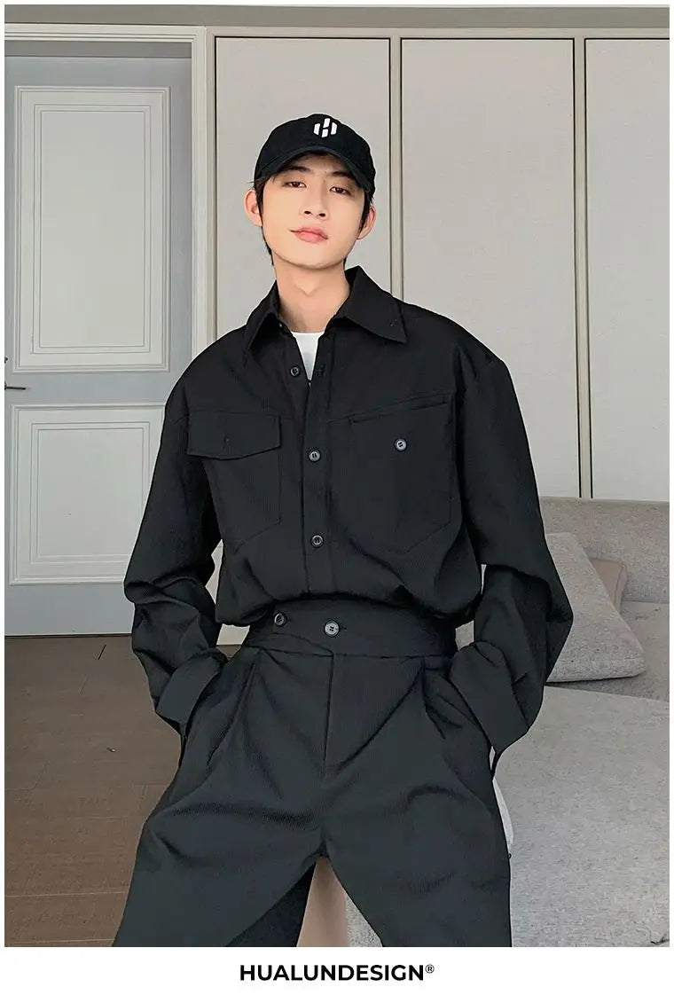 Riolio Men's Shirt Pants Set High-end Shirt Suit Trendy Spring Handsome Long-sleeved Top Loose Straight Trousers Two-piece Set