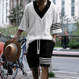 Riolio Summer New Men's Suit Japanese And Korean Style Stripes Color Matching Loose Large Size Casual Men's Clothing Two-piece Set