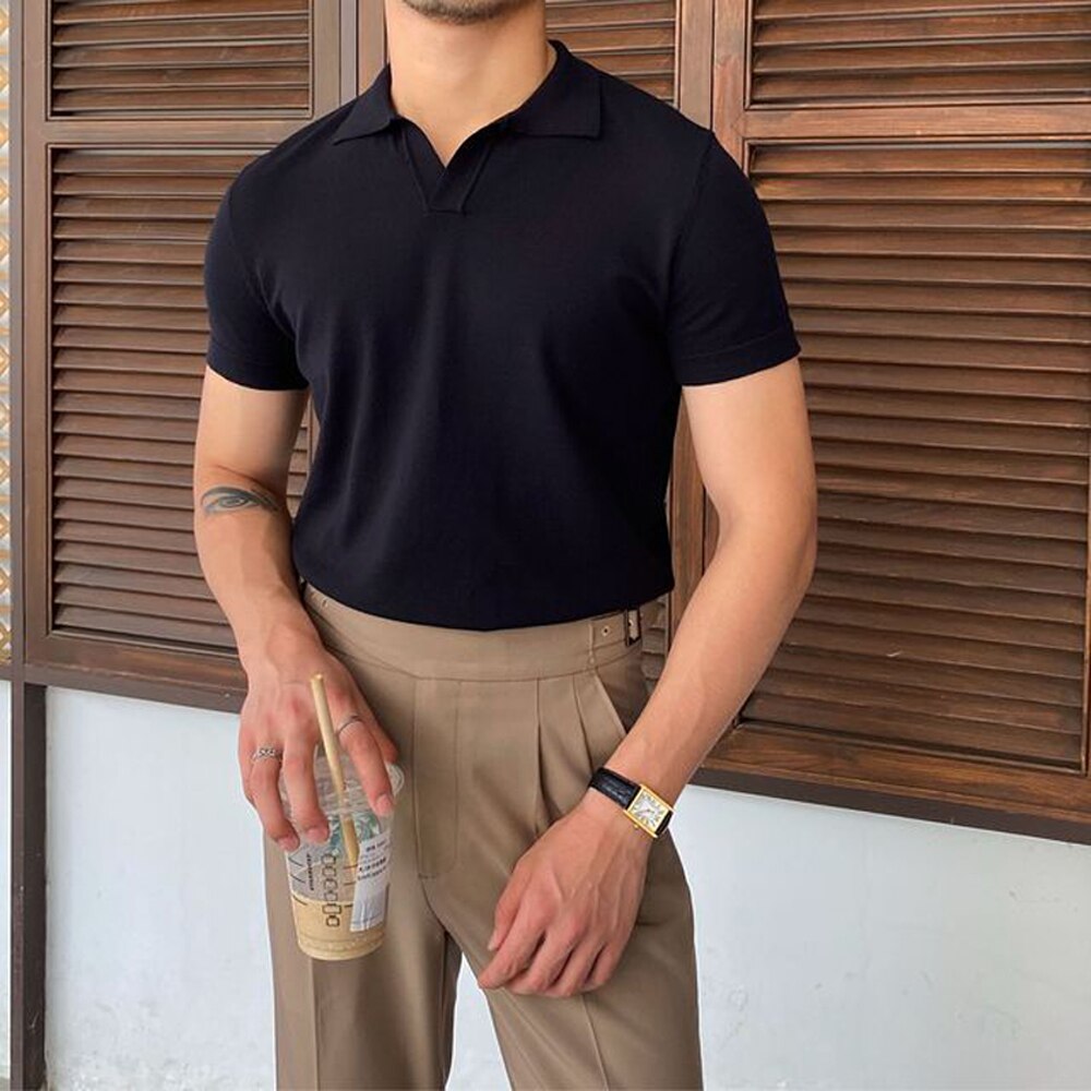 Riolio Spring Summer Knit Polo Shirt Men Casual Turn-down Collar Button Fashion Striped Solid Slim Tops Newest Ice Silk Cotton Knitwear