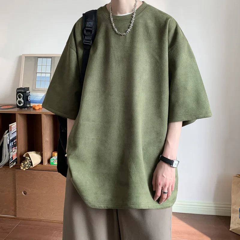 Riolio Summer Short Sleeved T-shirt Men Fashion Solid Color Round Neck T Shirt Men Streetwear Loose Suede Tshirt Mens Top M-3XL