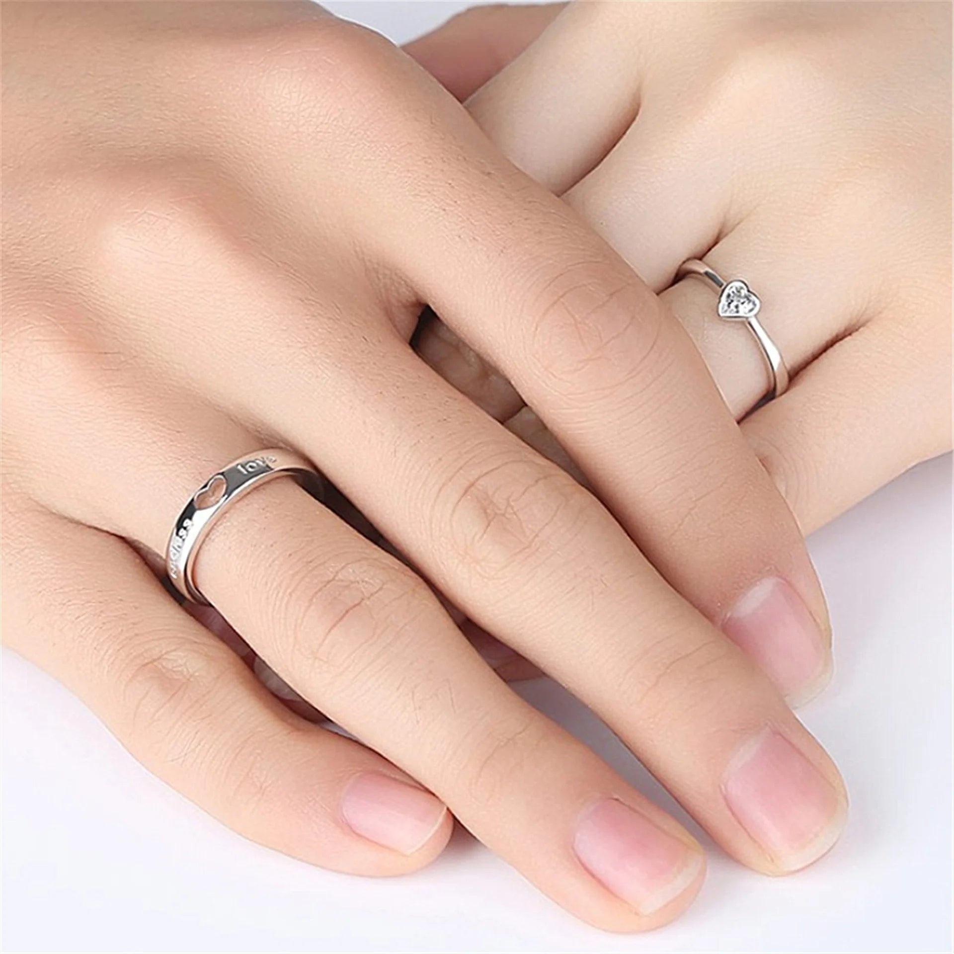 Riolio Valentines Day 2Pcs/sets Zircon Heart Matching Couple Rings Set Forever Endless Love Wedding Ring for Women Men Charm Jewelry