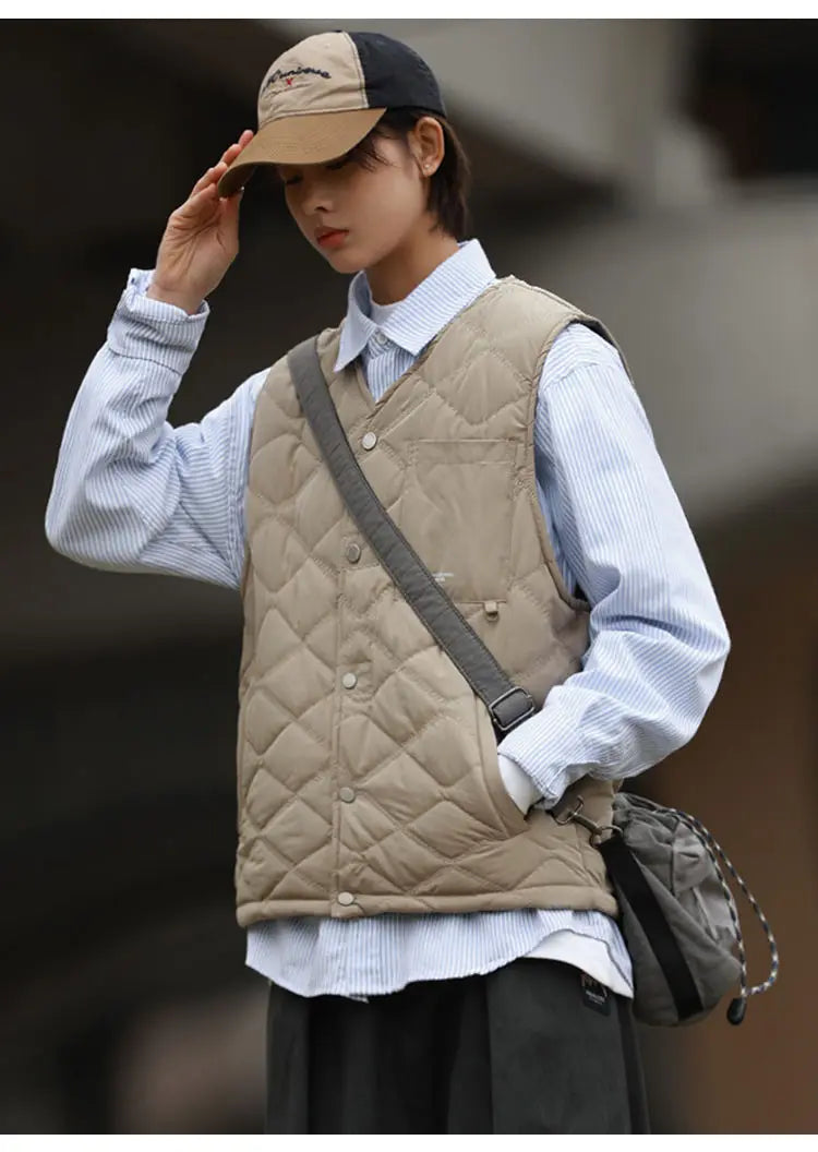 Riolio Cotton-layered Fashionable Vest Men with Autumn Winter Simple Casual Light Heated Inner Vest Cardigan Work Vest Top Aesthetic