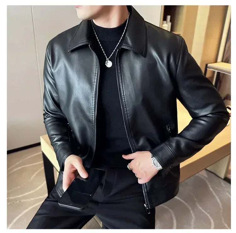 Riolio Windproof Stand Collar Zipper Cardigan Leather Jacket Motorcycle Leather Coat PU Leather Business Leather Jackets Men's Fashion