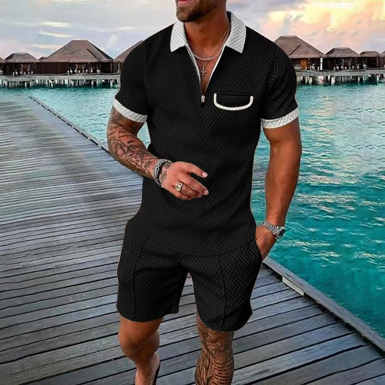 Riolio new summer Hawaiian Beach men's fashion lapel casual suit 3D digital print pullover zip-up short-sleeved men's shorts