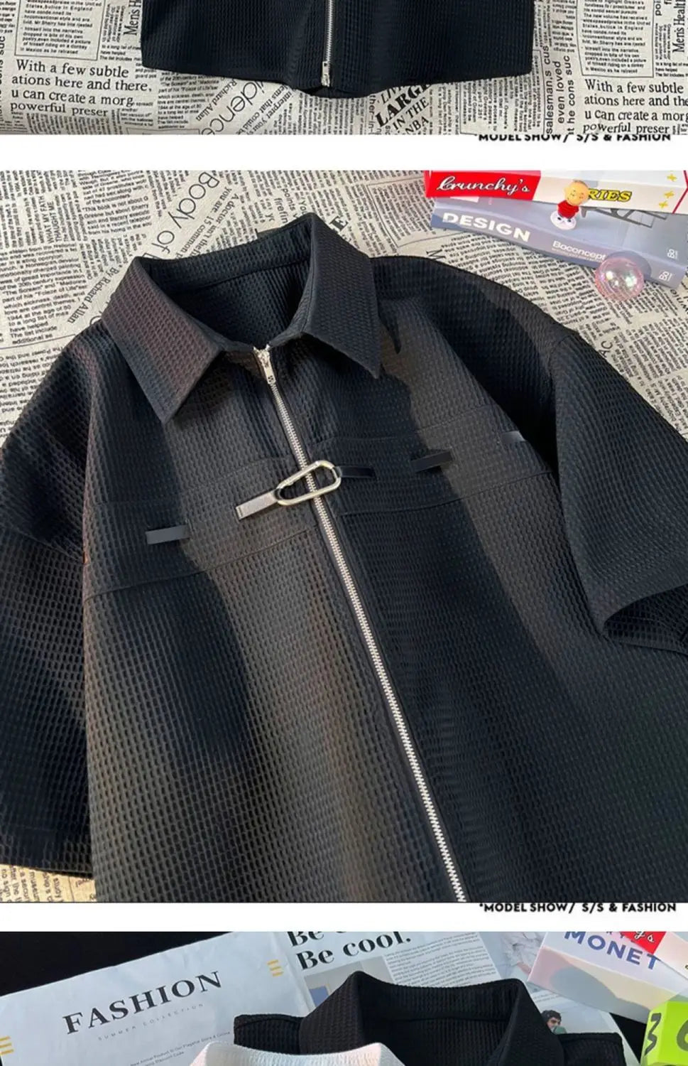 Riolio Niche Design Zipper Shirt Men's Short-sleeved Summer 2025 New Waffle High-end Casual Shirt Hip Hop Unisex Zipper Blouse