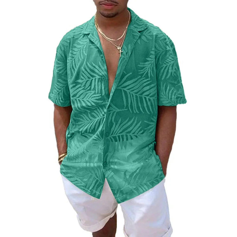 Riolio Men Y2k Leaf Print Hollow Casual Shirt Breathable Thin Streetwear Beach Vacation Harajuku Personality Versatile Tops Summer