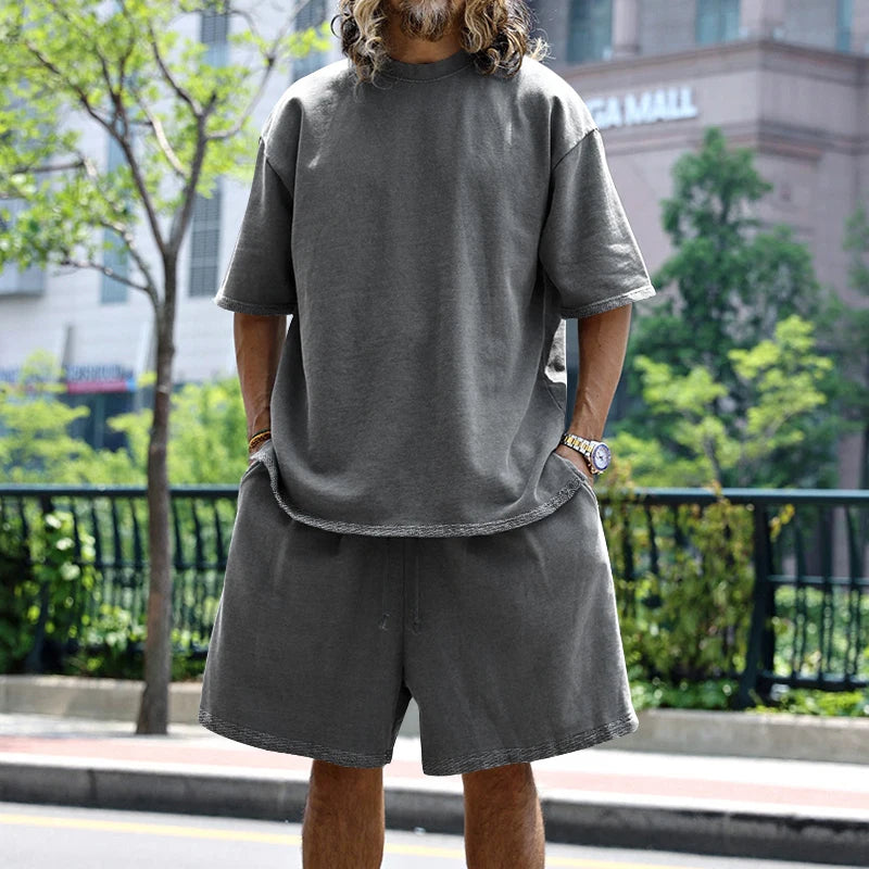 Riolio Summer New Men's Set Japanese Style Plus Size Casual Loose Sports Suit Short Sleeve T-shirt Shorts Two-piece Men's Clothing