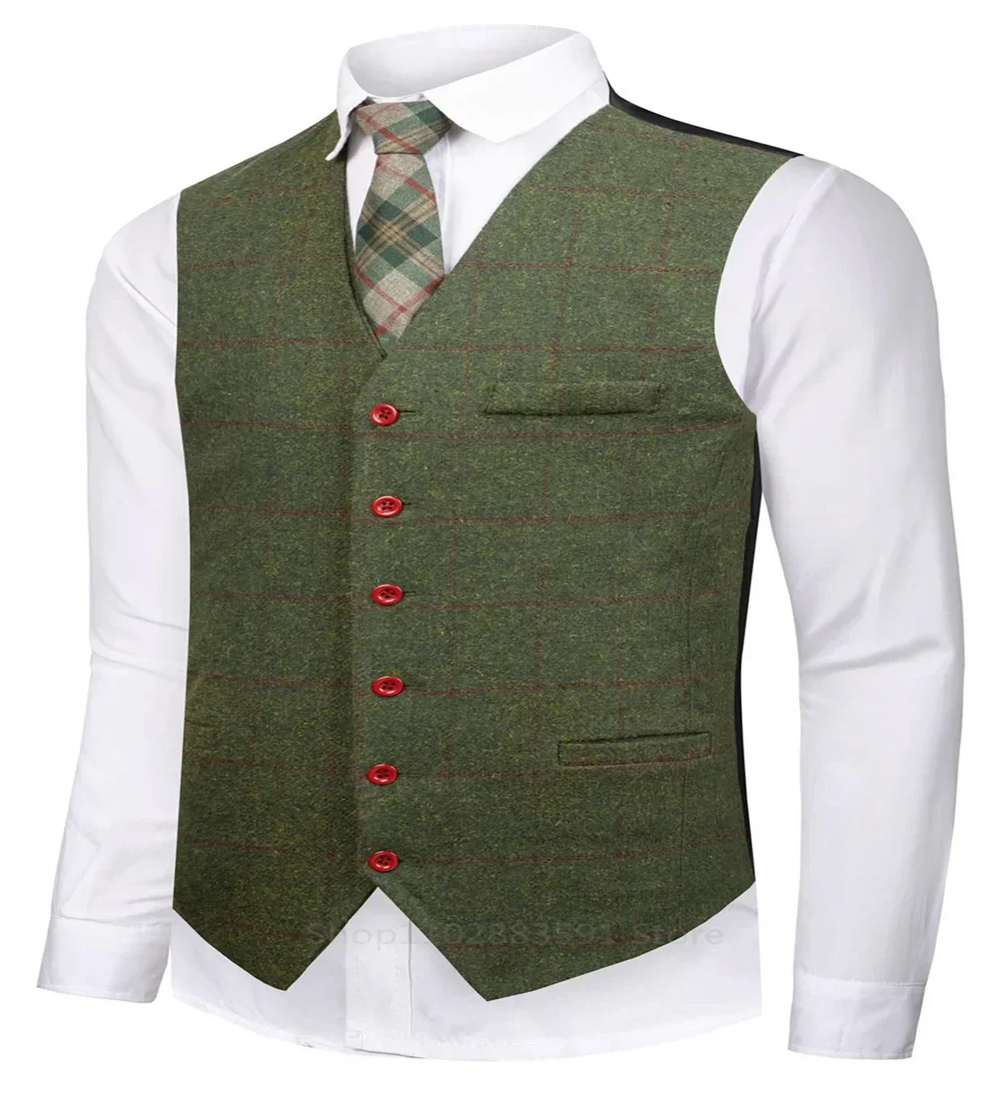 Riolio fashion suits for men 3 Piece Green Woolen Plaid Men Suits Slim Fit Wedding Groom Tuxedo Notch Lapel Business Party Set Costume Homme Jacket Vest Pant