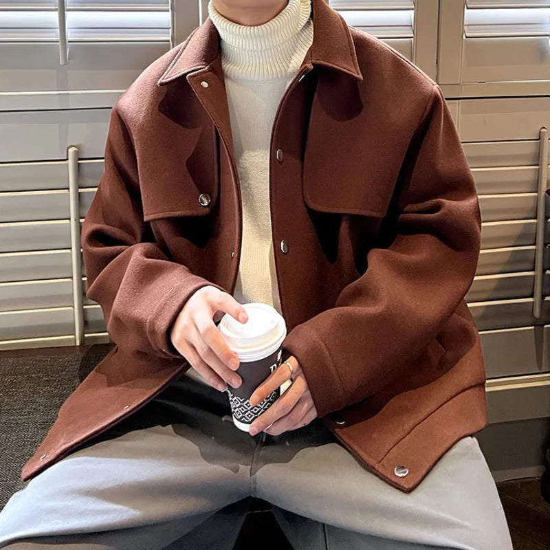 Riolio Winter Short Woolen Coat Men Warm Retro Thickened Woolen Jacket Men Streetwear Korean Loose Woolen Coat Mens Oversized Overcoat