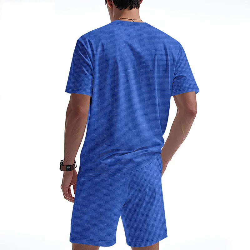 Riolio 2025 Summer Simplicity Men's Suit Loose Walf Checks Fabric Breathable Comfort and Casual Short Sleeve Shorts Two-Piece Suit