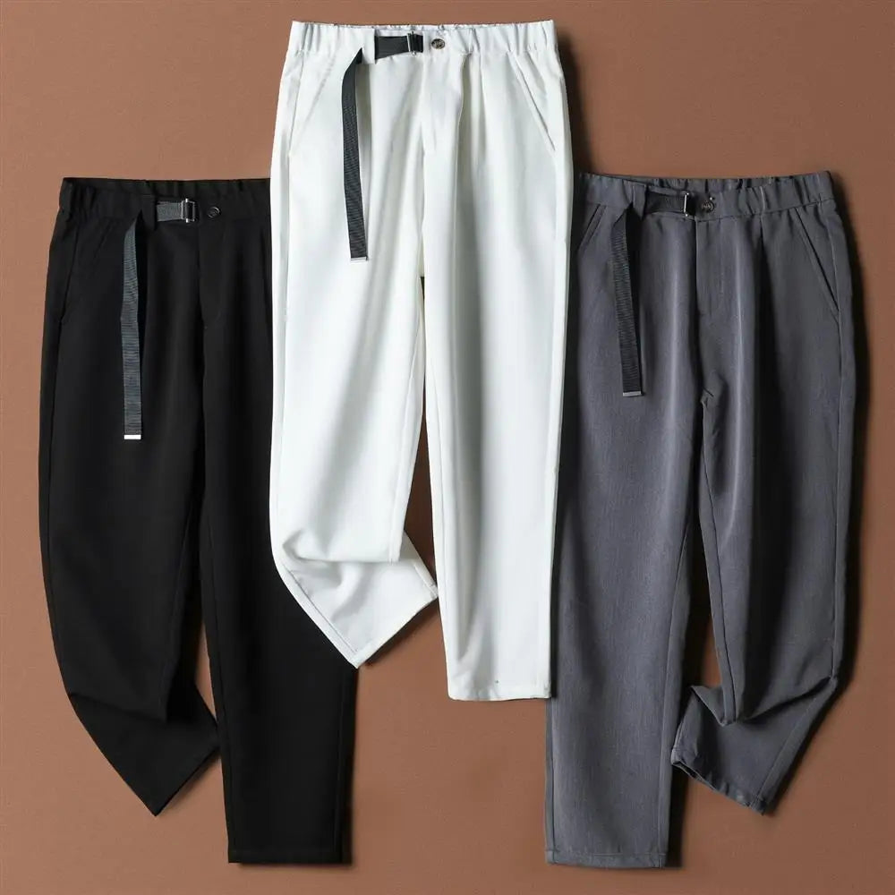 Riolio White Stretch Casual Ankle Pants Silhouette Men's Elegant Suit Pants Summer Korean Straight Loose Men's Smart Casual Trousers