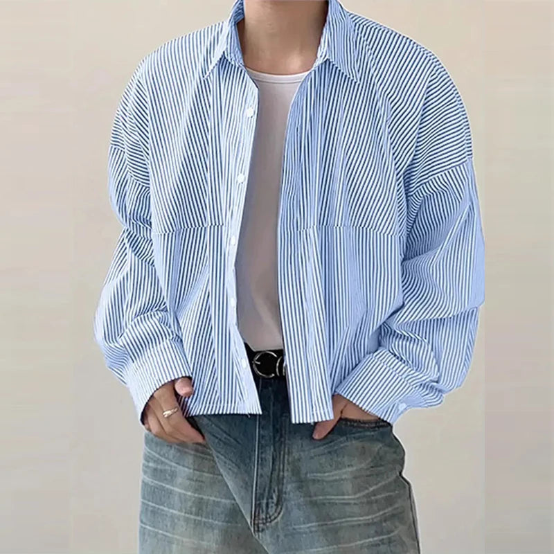 Riolio  New Japanese Trendy Men Shirts Light Luxury Textured Lapel Striped Long Sleeve Cardigan Tops Leisure Premium Loose Blouse M-2XL