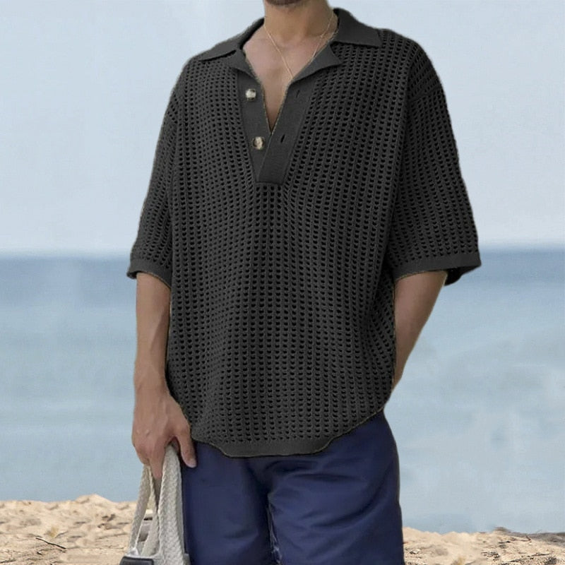 Riolio Spring Summer Mens Leisure Polo Shirts Solid Color Short Sleeve Button Lapel Knitting Tops Men Clothes Casual Loose Polos
