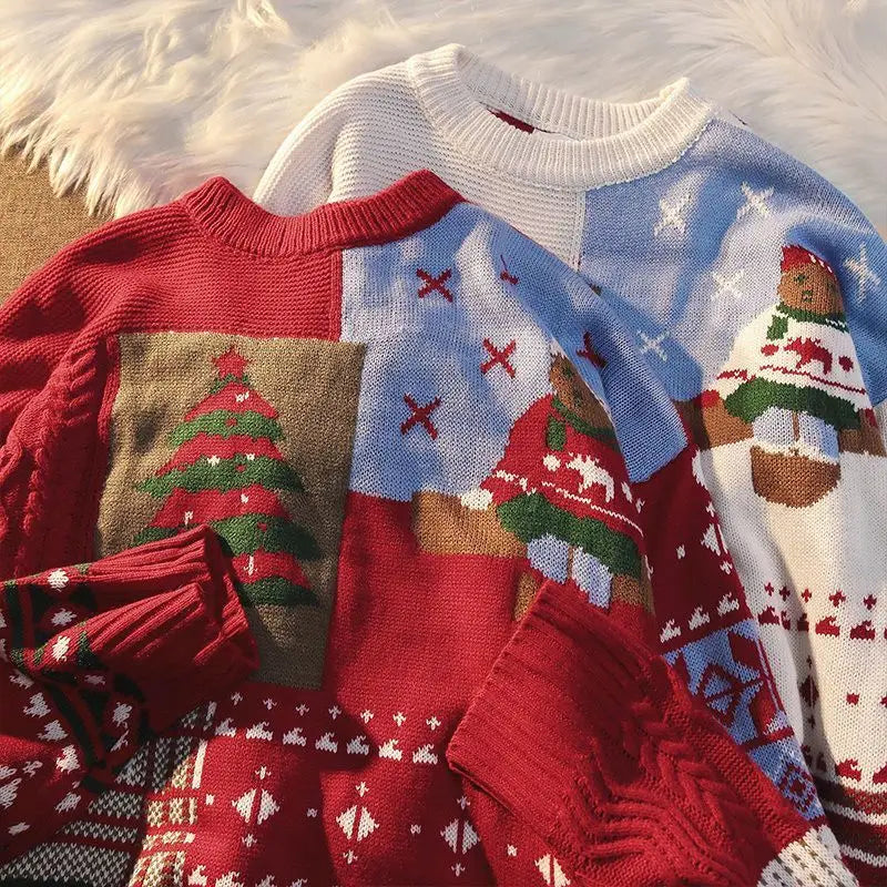 Riolio Round Neck Autumn/winter Ugly Christmas Sweater Japanese Vintage Loose Pullover Knitwear Little Bear Couple Red Knit Sweater Man