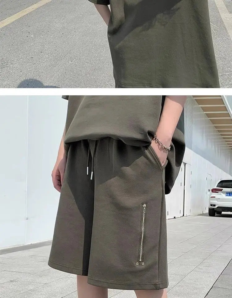 Riolio American Heavy Double Zipper Sports Suit Men's Summer Trendy Design Handsome Short-sleeved Shorts Casual Two-piece Set Urban