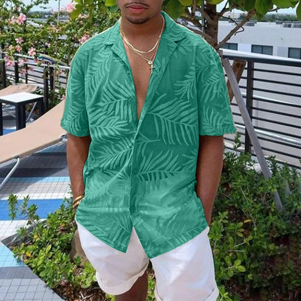 Riolio Men Y2k Leaf Print Hollow Casual Shirt Breathable Thin Streetwear Beach Vacation Harajuku Personality Versatile Tops Summer