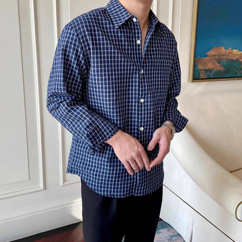 Riolio  New American Retro Men Shirts Light Luxury Textured Lapel Plaid Long Sleeve Cardigan Leisure Trendy Premium Check Blouse M-2XL