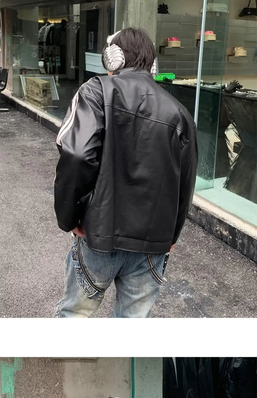 Riolio Retro Leather Jacket Men Women  American Patchwork Strip Racing Outerwear Loose Hip Hop Zippers Brown PU Coat Streetwear Spring