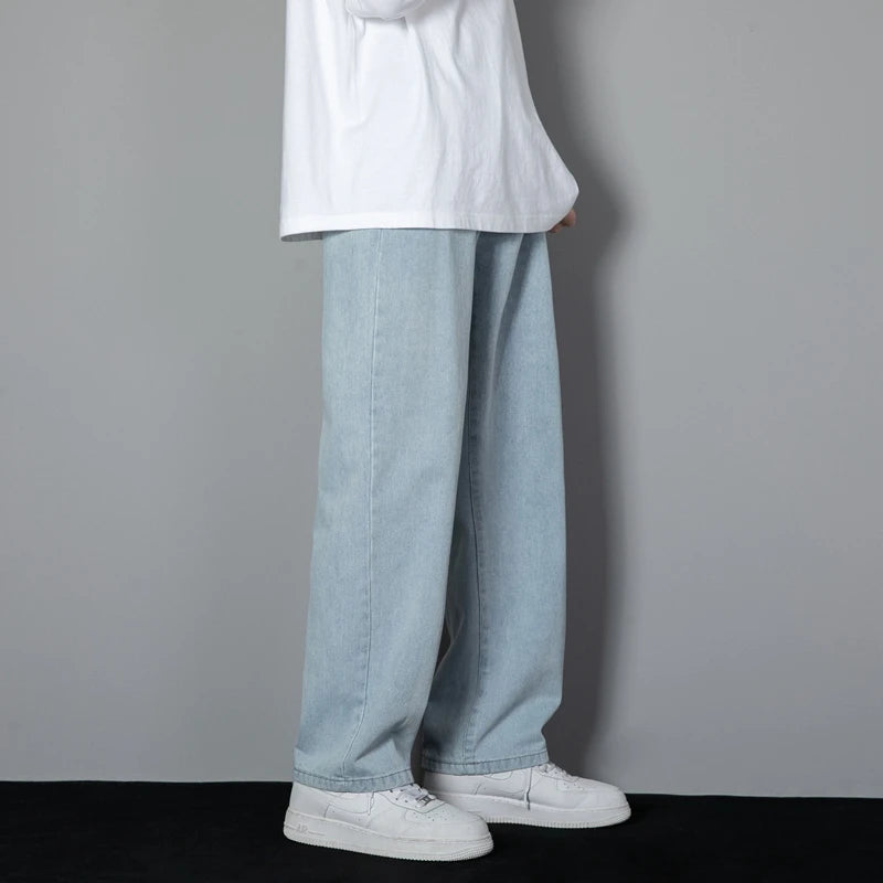 Riolio New Korean Men's Casual Long Jeans Classic Man Straight Denim Wide-leg Pants Solid Color Light Blue Grey Black