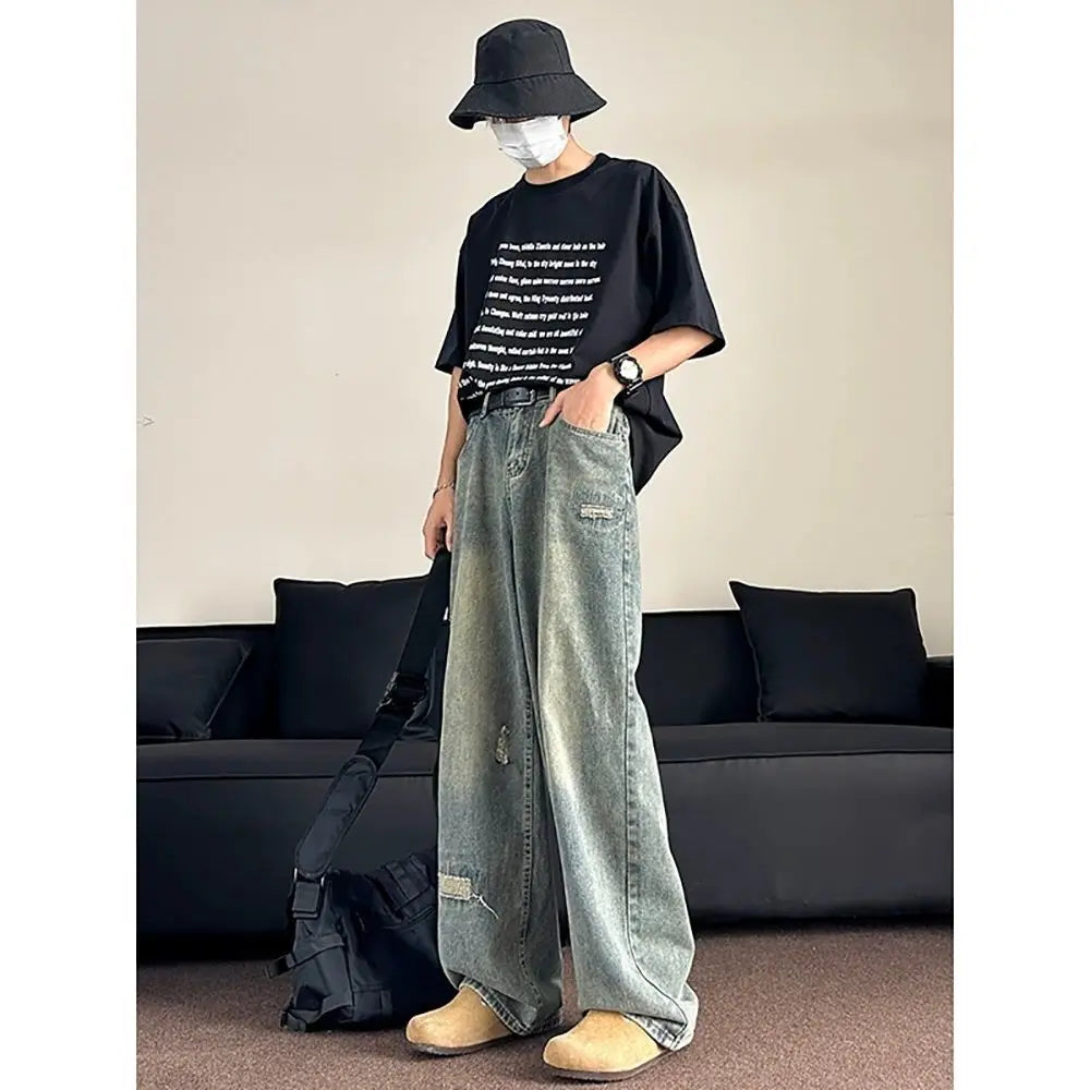Riolio American hip-hop washed straight leg summer men and women trendy jeans couple 2025 loose retro personalized casual pants y2k