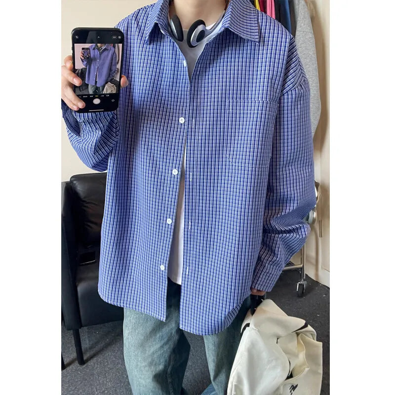 Riolio Long Sleeved Shirt Men Oversized Casual Plaid Shirt Men Streetwear Korean Loose Blue Casual Shirt Mens Shirts Plus Size 5XL